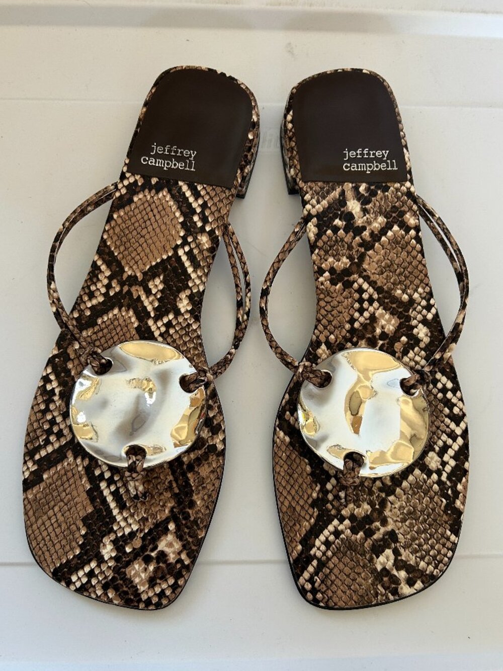 Jeffrey Campbell - Anthropologie Snakeskin Metal Ornament Slingback Sandals